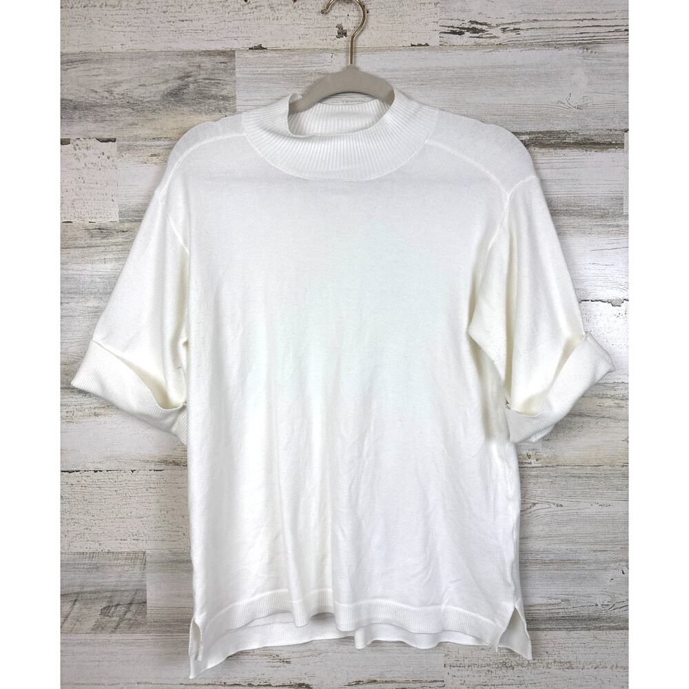 Ecru Womens L White Soft Lightweight Short Sleeve Sweater Top Casual Roll Cuff